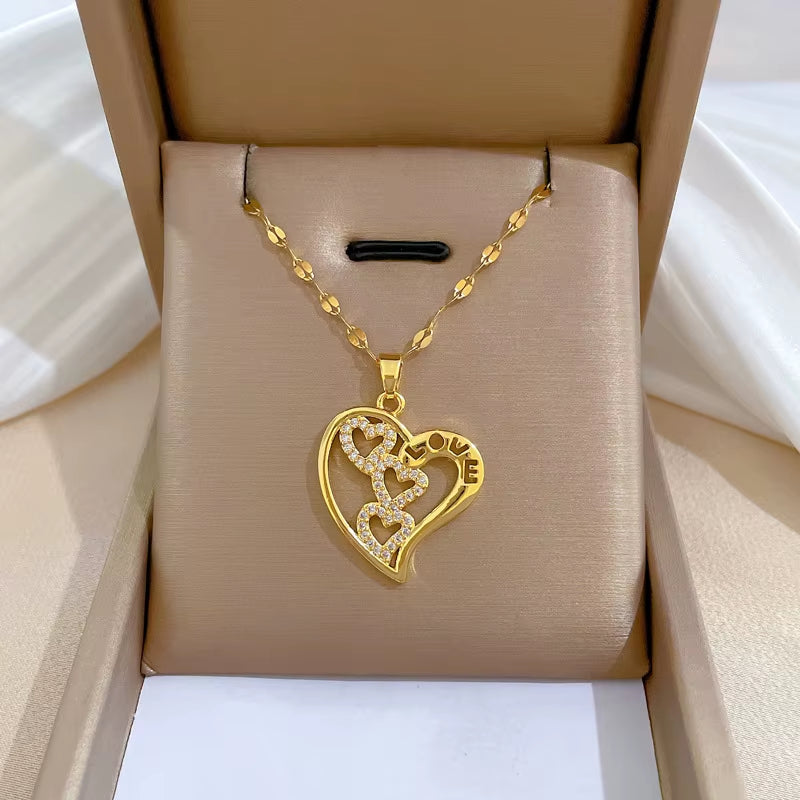Trendy Heart Stainless Steel Zirconia Necklaces
