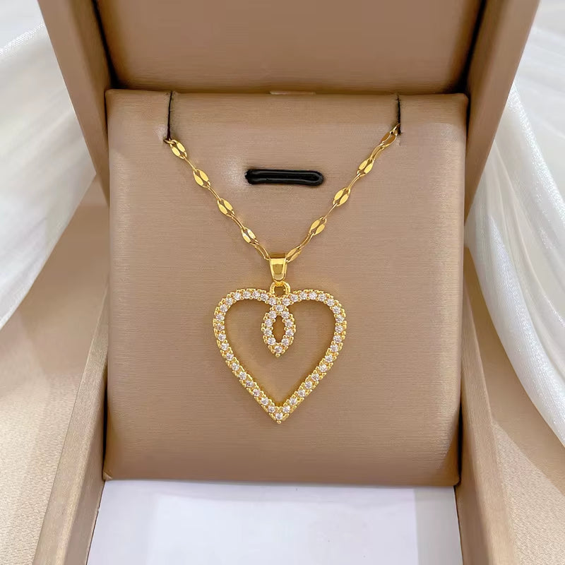 Trendy Heart Stainless Steel Zirconia Necklaces