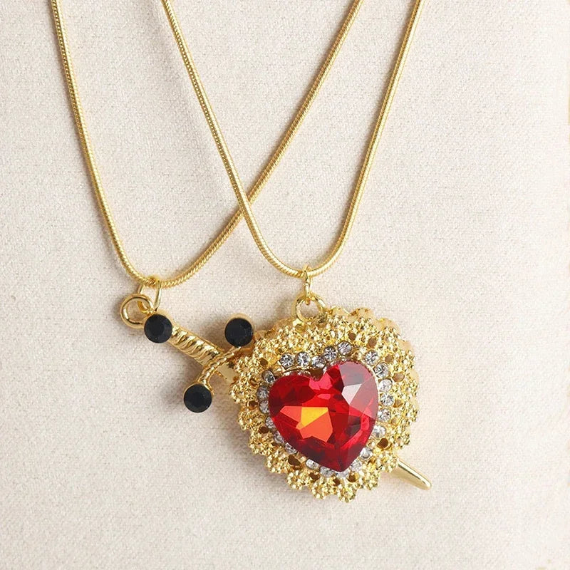 2Pcs Can Be Assembled Heart and Sword Zircon Pendant Necklace