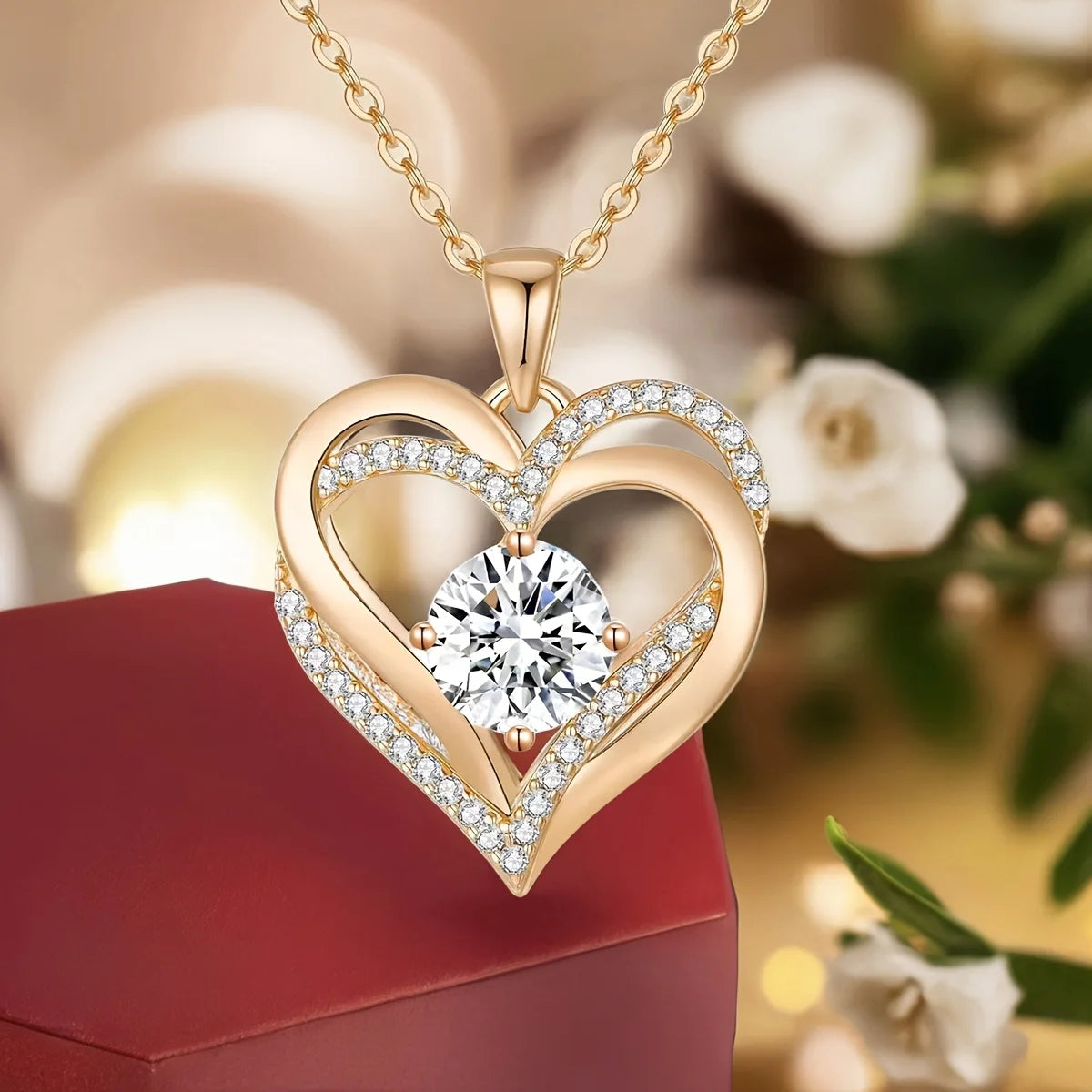 Artificial Rose Gift Set with Heart Pendant Necklace