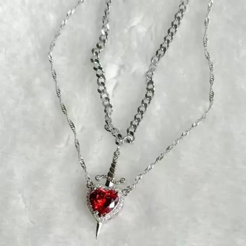 2Pcs Can Be Assembled Heart and Sword Zircon Pendant Necklace