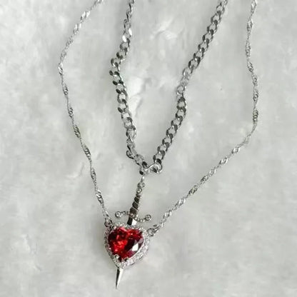 2Pcs Can Be Assembled Heart and Sword Zircon Pendant Necklace
