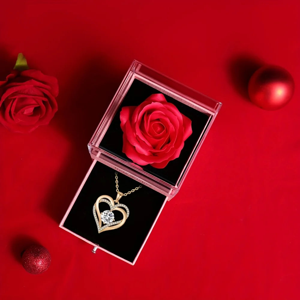 Artificial Rose Gift Set with Heart Pendant Necklace