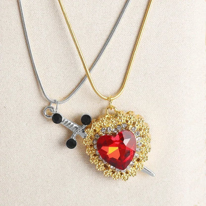 2Pcs Can Be Assembled Heart and Sword Zircon Pendant Necklace