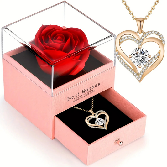 Artificial Rose Gift Set with Heart Pendant Necklace