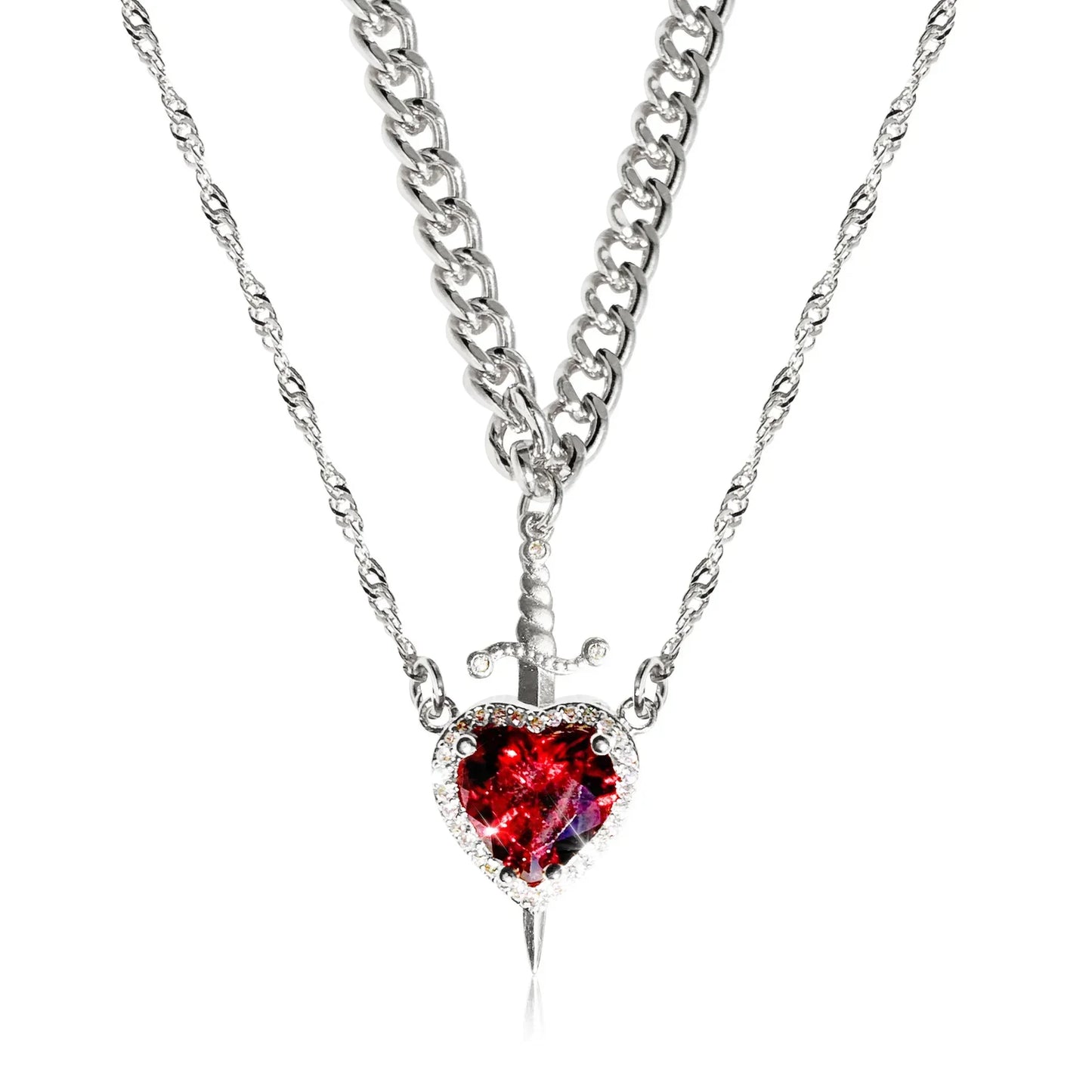 2Pcs Can Be Assembled Heart and Sword Zircon Pendant Necklace