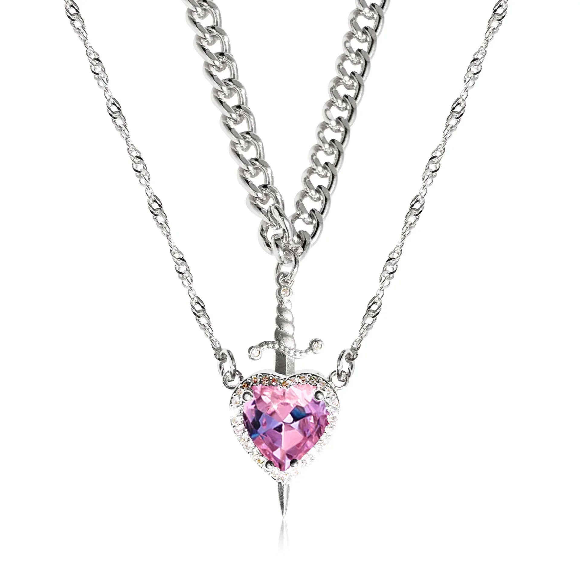 2Pcs Can Be Assembled Heart and Sword Zircon Pendant Necklace