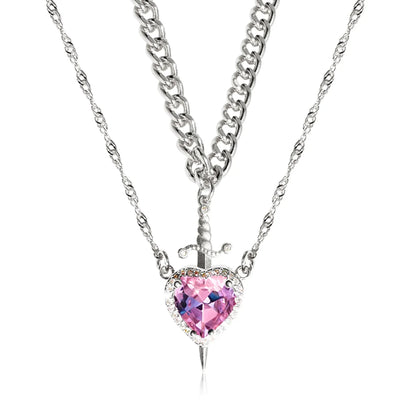 2Pcs Can Be Assembled Heart and Sword Zircon Pendant Necklace