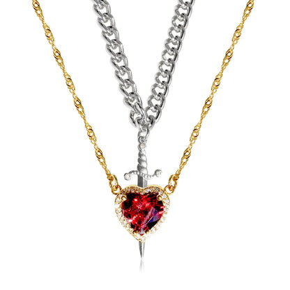 2Pcs Can Be Assembled Heart and Sword Zircon Pendant Necklace