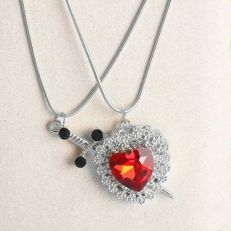 2Pcs Can Be Assembled Heart and Sword Zircon Pendant Necklace