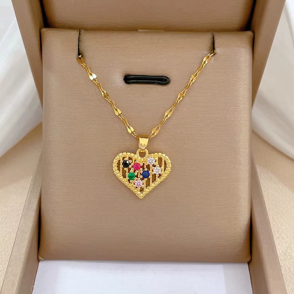 Trendy Heart Stainless Steel Zirconia Necklaces